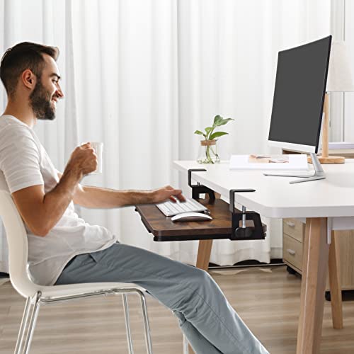 ETHU Keyboard Tray Under Desk, 19.7" X 11.81" Small Size Keyboard Drawer with C Clamp-on Mount Easy to Install, Computer Keyboard Stand Slide Pull Out, Ergonomic Keyboard Tray for Home, Office - color: Wood
