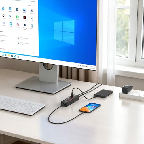 Powered USB Hub 3.2, atolla 8-Port USB 3.2/USB C Hub, Powered USB C Hub with 7 USB-A 10Gbps ports +1 Smart Charging port, Individual On/Off Switches, LEDs, 20W Power Adapter for PC/Laptop, Flash Drive - size: 8-Port USB 3.2 Hub