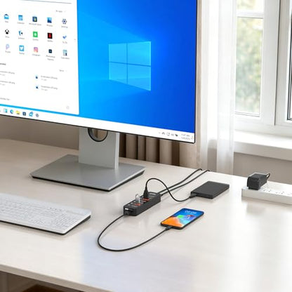 Powered USB Hub 3.2, atolla 8-Port USB 3.2/USB C Hub, Powered USB C Hub with 7 USB-A 10Gbps ports +1 Smart Charging port, Individual On/Off Switches, LEDs, 20W Power Adapter for PC/Laptop, Flash Drive - size: 8-Port USB 3.2 Hub