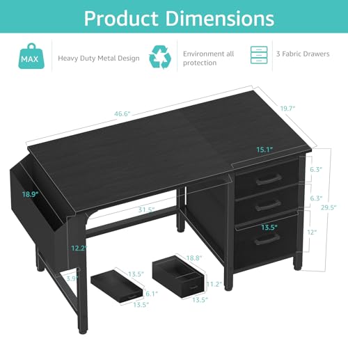 Lufeiya Computer Desk with File Drawers Cabinet, 47 Inch Reversible Home Office Desks with Filing Cabinet for Small Space, Gaming Study Writing Table PC Desks, Black - color: Black, size: 46.6"