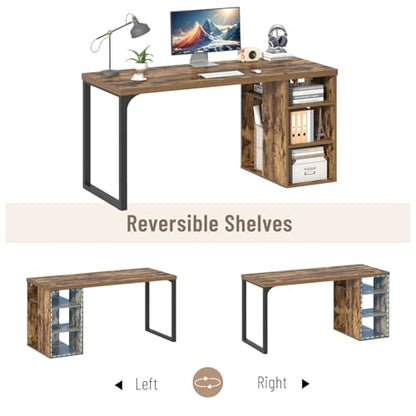 EXCEFUR Computer Desk for Home Office, Modern Writing Desk with Reversible Storage Shelves, Wood and Metal Gaming Study Table Workstations, 53 Inch, Rustic Brown - color: Brown