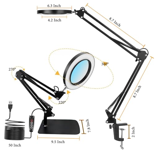 15X Magnifying Glass Lamp with Clamp and Stand, 72 LEDs Desk Lamp with 3 Color Temperatures and 10 Levels Adjustable Brightness for Diamond Art Accessories Hobbies Crafts Reading Close Work Magnifier