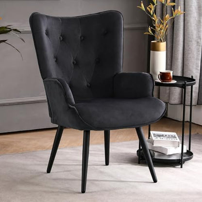 Furniliving Velvet Accent Chair Modern Upholstered Side Armchair with Tapered Legs Tufted Button Wingback Sofa Chairs Tall Back Reading for Living Room Bedroom Waiting Room, Black - color: Black, size: Set of 1