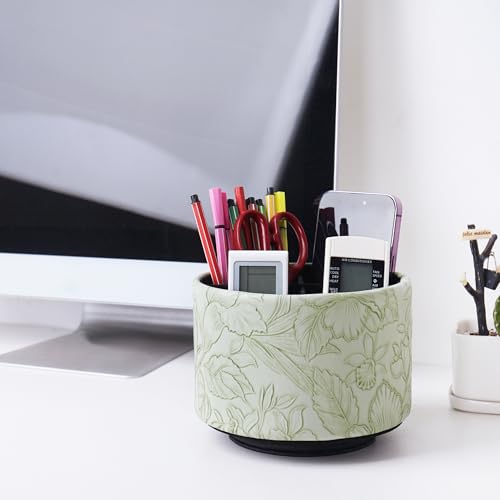Round Leather Art Supply Organizer,Remote Control Holder,360 Degree Spinning,Multi-Functional Pencil Holder,4 Compartments Desktop Stationary Organizer(1-Carved Green) - color: 1-Carved Green