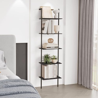 5-Tier Wall Mounted Ladder Shelf, Black, 64.7" H - color: Black, size: 5 Tier