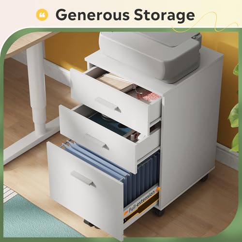 DEVAISE 3 Drawer Wood Mobile File Cabinet, Rolling Filing Cabinet for Letter/A4 Size, White - color: White, size: 15.7"D x 16.2"W x 25.7"H