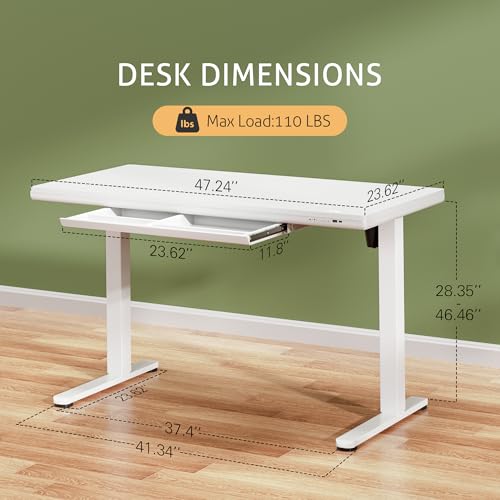 Furmax Adjustable Height Electric Standing Desk with Drawers, 48 Inch Sit Stand Desk with One-Piece Thickened Desktop & USB Charging Port for Home Office Computer Desks (White Desktop, 48 Inch) - color: White Desktop