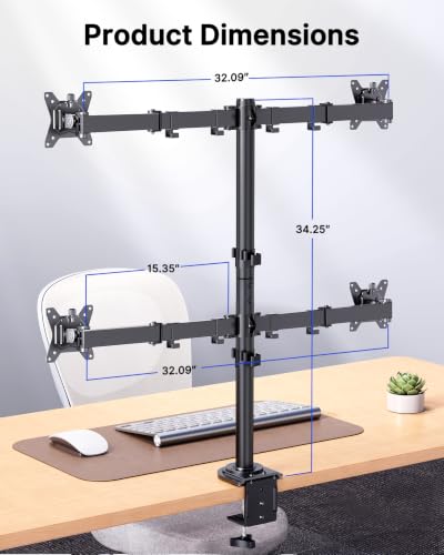 HUANUO Quad Monitor Mount for 13-32 Inch Screens, 4 Monitor Stand with Larger Base, Holds 22 lbs per Arm, Fully Adjustable Stacked Mount, Tilt Swivel Rotation, VESA 75x75/100x100mm, Cable Management