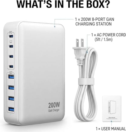 200W USB C Charger USB C Charger Block,Upgraded GaN III 8-Port Fast Charging Station Hub,PD 65W Laptop Charging Adapter Compatible with MacBook Pro/Air,DELL,Steam Deck,iPhone 16/15/14,Galaxy S23/22 - size: 200W