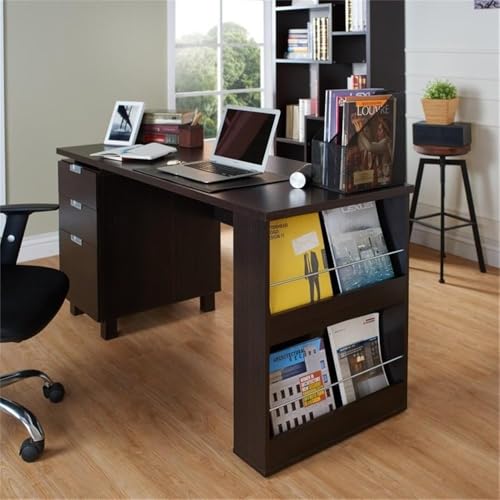 Scranton & Co Modern 3-Drawer Wood/Steel Office Desk, 59 in Wide, Espresso Finish, Built-in Filing Cabinet, Open Shelves, Chrome Accents, Particle Board Construction, Home Office Desk for Workspace
