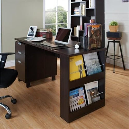 Scranton & Co Modern 3-Drawer Wood/Steel Office Desk, 59 in Wide, Espresso Finish, Built-in Filing Cabinet, Open Shelves, Chrome Accents, Particle Board Construction, Home Office Desk for Workspace