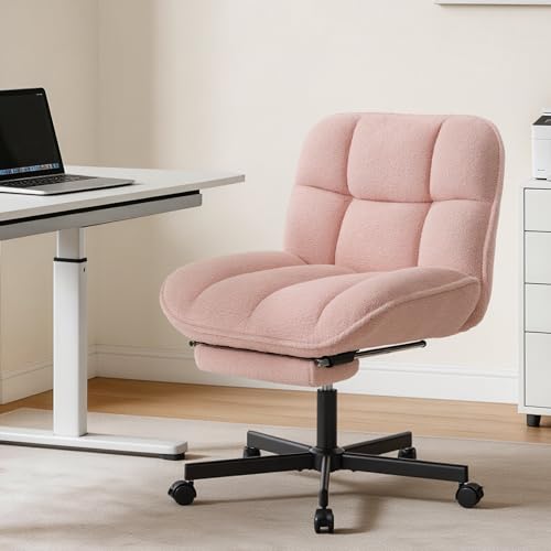 Criss Cross Office Chair with Foot Rest, Thick Cushioned Cross Legged Office Chair, Armless Wide Seat Reclining Desk Chair, Height Adjustable Criss Cross Chair for Home Office,Vanity, Pink - color: Pink
