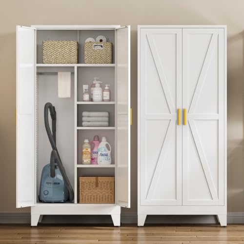71" Metal Storage Cabinet, Tall Utility Closet Cabinet with Hanging Rod, Farmhouse Metal Broom Closet with Two Door, Laundry Room Storage Cabinet with Four Shelves, Freestanding Pantry Closet Cabinet - color: White, size: 71"H-17.7"D