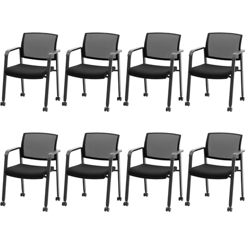 COSTWAY Stackable Office Guest Chairs Set of 8 with Wheels and Armrests | Conference Room Chairs with Mesh Backrest and Upholstered Seat, Ergonomic Waiting Room Chairs for Office Home Reception Area - size: 8 Pack, style: with Wheels