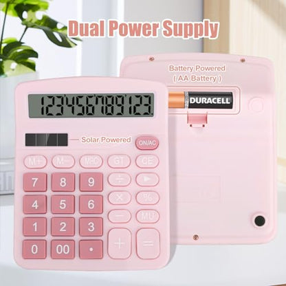 Desktop Calculator, Pink Calculator Big Buttons, 12-Digits Large LCD Display, Solar and AA Battery Dual Power, Desk Calculators for Office Home School Business Class (Pink) | Large LCD Display, Solar and AA Battery Dual Power, Desk Calculators for Office