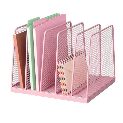 LEKETREE Small Desk File Organizer, 5-Section Upright File Sorter, Vertical File Folder Holder, Mesh Metal Wood Office Desktop Organization for Document, Magazine, Books and more (Pink) - color: Pink