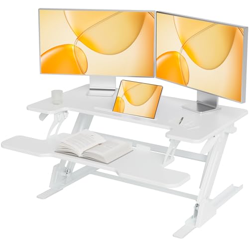 Claiks Standing Desk Converter 36In Height Adjustable Sit Stand Riser White | 5.9-17.3 inch height range, 33 lbs desktop capacity, ergonomic Z-lift structure, smooth pneumatic lift - color: White, size: 36 inch