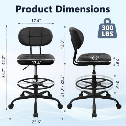 Drafting Stool with Backrest, Tall Adjustable Height Office Chair, PU Leather Swivel Rolling Stool with Footrest & Wheels for Standing Desk, Bar, Salon, Spa, Lab, Counter, Home, Black，1PK - color: Black With Backrest, size: 1PK