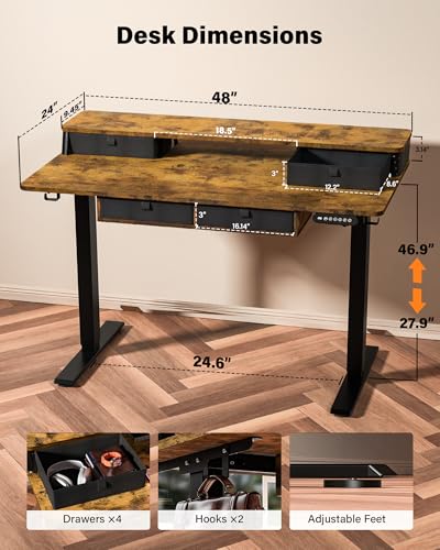 FiCiHi 48x24 Inch Electric Standing Desk, 4 Drawers, Adjustable Height Desk - color: Rustic Brown, size: 48"x24" (4 Drawers)