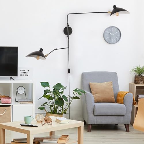 Modern 2-Light Swing Arm Plug In Wall Lamp, Adjustable Industrial Wall Sconces For Bedroom, Retro Cordless Beetle-Shade Wall Light Fixtures For Living Room, Wall Mounted Reading Lamp, Black