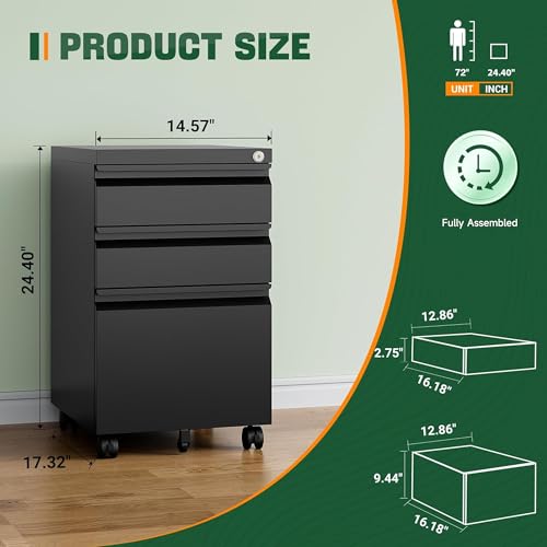 Letaya 3 Drawer Mobile File Cabinet with Lock,Under Desk Metal Filing Cabinets for Home Office Organizer Letters/Legal/A4((Fully Assembled-Black) - color: Black, size: 14.57"W X 17.32"D X 24.40"H (Fully Assembled)
