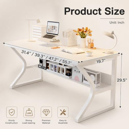 Office Desk with Storage Shelf - 39.3" Computer Writing Desk - color: White, size: 39.3 x 19.7