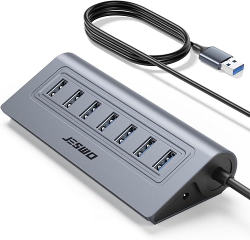 JESWO 7-Port Aluminum Powered USB 3.0 Hub with 3.3Ft Cable - color: Grey
