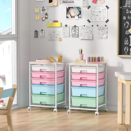 SYKIARIOL Utility Cart with 5 Drawers with Wooden Top, Rainbow - color: Rainbow