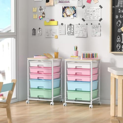 SYKIARIOL Utility Cart with 5 Drawers with Wooden Top, Rainbow - color: Rainbow