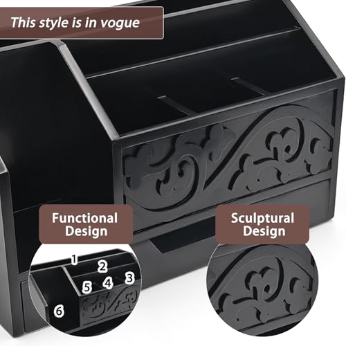 Black Wooden Mail Organizer with Drawer, Three Tiered Desk Accessories for Office Organization and Storage, Stylish Countertop Document Storage, Home/Office/Classroom Supplies (Black01) - style: Black01