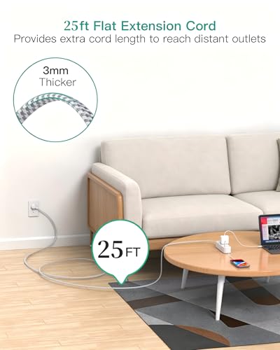 25FT Extension Cord with Multiple Outlets, 13-in-1 Long Power Strip with 9 Wide Spaced Outlets and 4 USB Ports, Flat Plug Wall Mount Charging Station for College Dorm Room Essentials, Office, White - color: White, size: 25FT