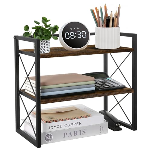 YINMIT Desktop Shelf Organizer, 2 Tier Office Shelves, Wood Desk Organizer Storage Rack and Freestanding Display Shelf for Office, Dormitory, Home - color: Retro