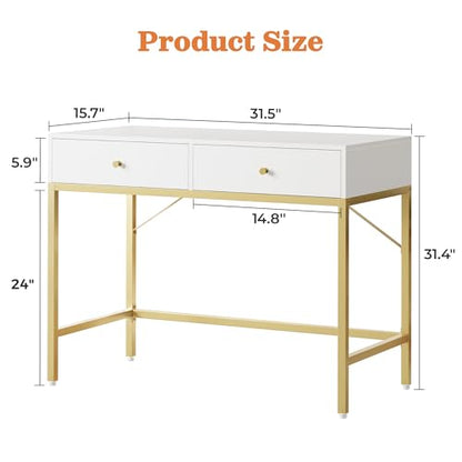 SUPERJARE 31.5" White and Gold Desk with 2 Drawers, Modern Vanity Desk - color: White and Gold, size: 31.5 inch