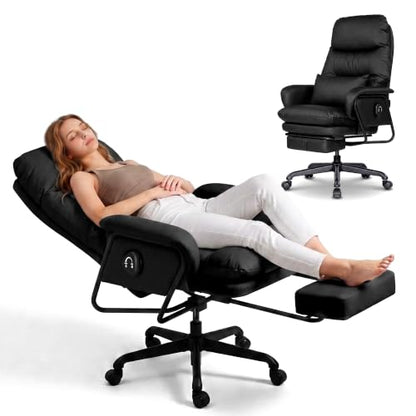 180° Reclining Office Chair with Footrest, PU Leather, Black - color: Black