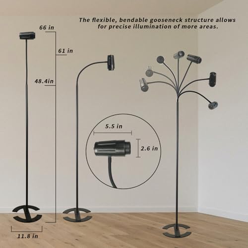 Reading Floor lamp Standing gooseneck Flexible Floor Spotlight Light Over Chair Adjustable dimmable for Office Task Living Room Bedroom Black