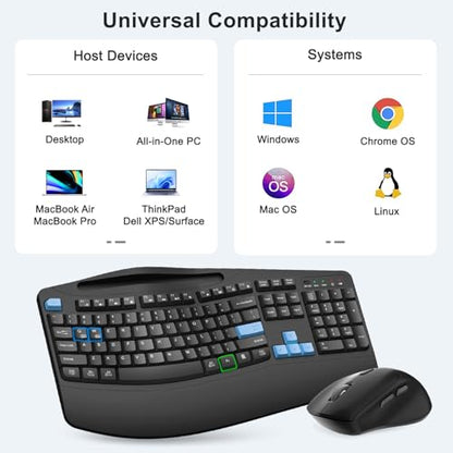 Wireless Keyboard and Mouse Combo, Full Size Ergonomic Wave Keys(Blue) - color: Blue Black