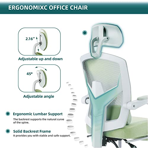 DUMOS Gaming Chair with Footrest, Home Office Desk Chair | High-Back Mesh Rolling Swivel with Wheels, Comfy Headrest, Arms, Lumbar Support, Elegant Green - color: Elegant Green, size: 23"D x 20"W x 50.75"H