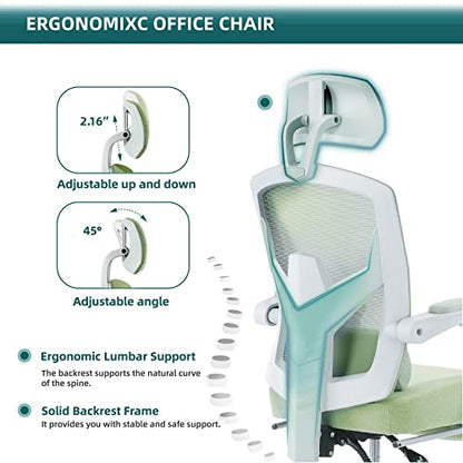 DUMOS Gaming Chair with Footrest, Home Office Desk Chair | High-Back Mesh Rolling Swivel with Wheels, Comfy Headrest, Arms, Lumbar Support, Elegant Green - color: Elegant Green, size: 23"D x 20"W x 50.75"H