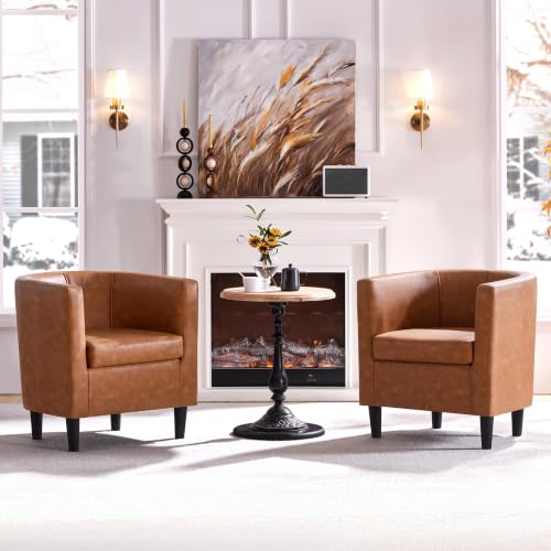 Yaheetech Barrel Accent Chairs Set of 2, Modern Armchairs, Brown | Faux Leather Chair with High-Density Foam Seat, Upholstered Barrel Sofa Chair for Living Room Bedroom Waiting Room - color: Brown, size: Set of 2