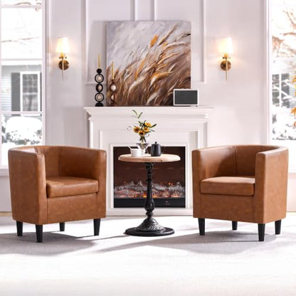 Yaheetech Barrel Accent Chairs Set of 2, Modern Armchairs, Brown | Faux Leather Chair with High-Density Foam Seat, Upholstered Barrel Sofa Chair for Living Room Bedroom Waiting Room - color: Brown, size: Set of 2