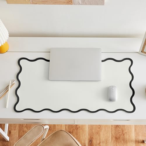Scalloped Desk Mat, 31.5" x 15.7", PU Leather, Waterproof Anti-Slip, Cute Aesthetic Desk Pad for Office/Home/Game/Vanity (Black, 31.5" x 15.7") - color: Black