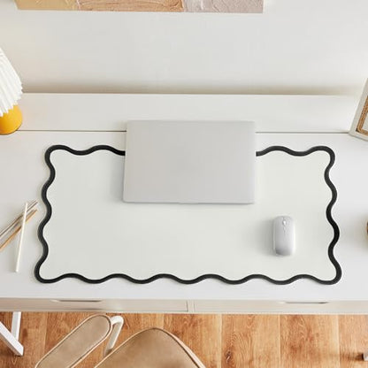 Scalloped Desk Mat, 31.5" x 15.7", PU Leather, Waterproof Anti-Slip, Cute Aesthetic Desk Pad for Office/Home/Game/Vanity (Black, 31.5" x 15.7") - color: Black