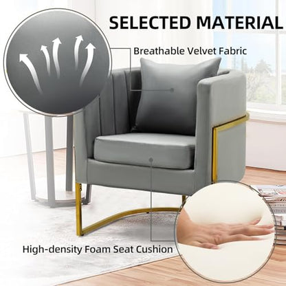 Velvet Accent Barrel Chairs Set of 2, Modern Arm Club Chair Set with Pillow for Living Room/Bedroom/Guest Reception, Channel Tufted, Gold Finish Base, Grey - color: Grey, size: 2 PCS