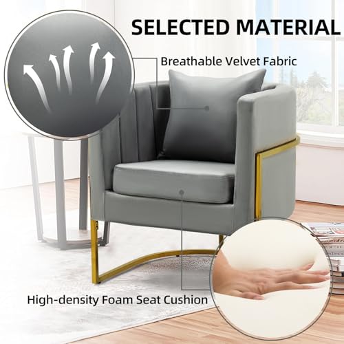 Velvet Accent Chair, Modern Barrel Arm Chair for Living Room/Bedroom/Guest Reception, Upholstered Club Armchair with Pillow & Gold Base, Grey - color: Grey, size: 1 PC