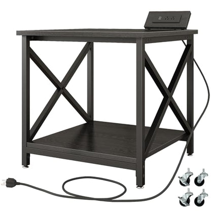 METYERRY 23.6"x23.6" Large Printer Stand with Power Outlet | 2 Tier Storage Shelf, 200 lbs Heavy Duty, Industrial Wheels, Fits 3D Printers, Laser Printers and Heat Press, Home Office - color: Black