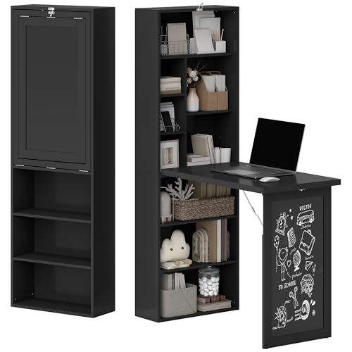 Folding Wall Mounted Murphy Desk with Storage & Bookcase(Black) | Expandable Hidden Computer Desk with Blackboard, Foldable Space Saving Office Table Pull Out Murphy Table for Small Spaces - color: Black