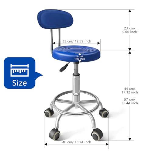 Rolling Stool with Backrest, Adjustable 360° Swivel Task Stool - color: Blue