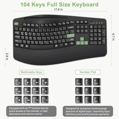 Wireless Keyboard and Mouse Combo, 2.4G Ergonomic Wave Keys(AvocadoGreen) - color: Black and Avocado Green