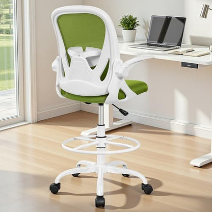 Primy Drafting Chair Tall Office Chair with Flip-up Armrests Executive Ergonomic Computer Standing Desk Chair with Lumbar Support and Adjustable Footrest Ring (AvocadoGreen) - color: Avocado Green, size: 934-Z