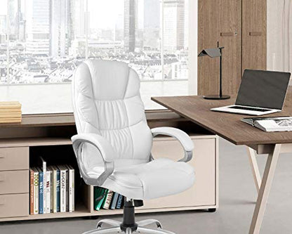 Office Chair Computer High Back Adjustable Ergonomic Desk Chair Executive PU Leather Swivel Task Chair with Armrests Lumbar Support (White) - color: White, style: without massage